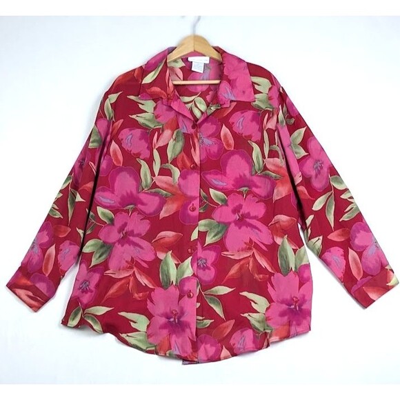 Susan‎ Graver Style Red Floral Long Sleeved Button Up Blouse Womens Size 2X - Picture 1 of 8
